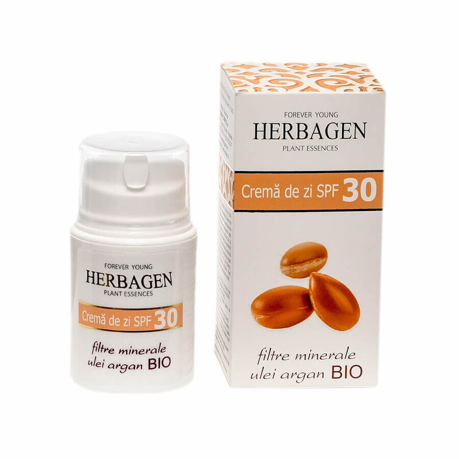 Crema de día con filtros minerales y aceite de argán Bio SPF 30, 50 g, Herbagen