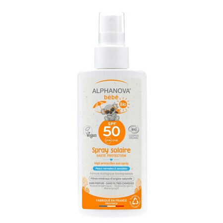 Alphanova Bebe, protector solar en spray para niños y bebés, hipoalergénico, SPF 50, 125 g