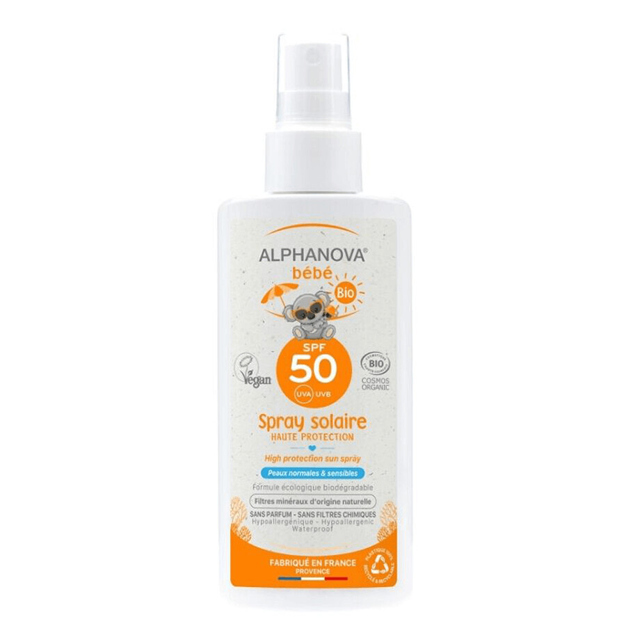 Alphanova Bebe, protector solar en spray para niños y bebés, hipoalergénico, SPF 50, 125 g