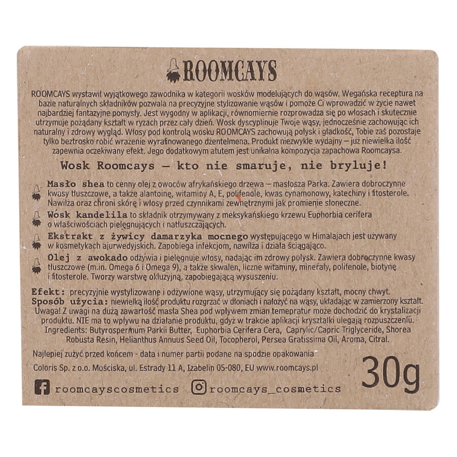 Roomcays, Wachs zum Formen des Schnurrbartes, 30 ml