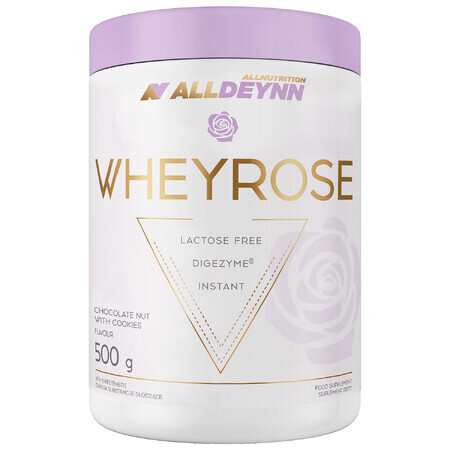 Allnutrition Alldeynn WheyRose, sabor chocolate avellana con trocitos de galleta sin azúcar, 500 g