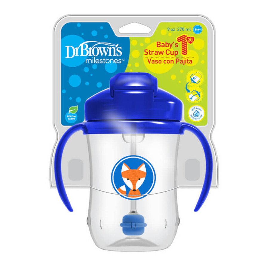 Dr Brown's, primer vaso con pajita, azul, 270 ml, a partir de 6 meses, 1 unidad