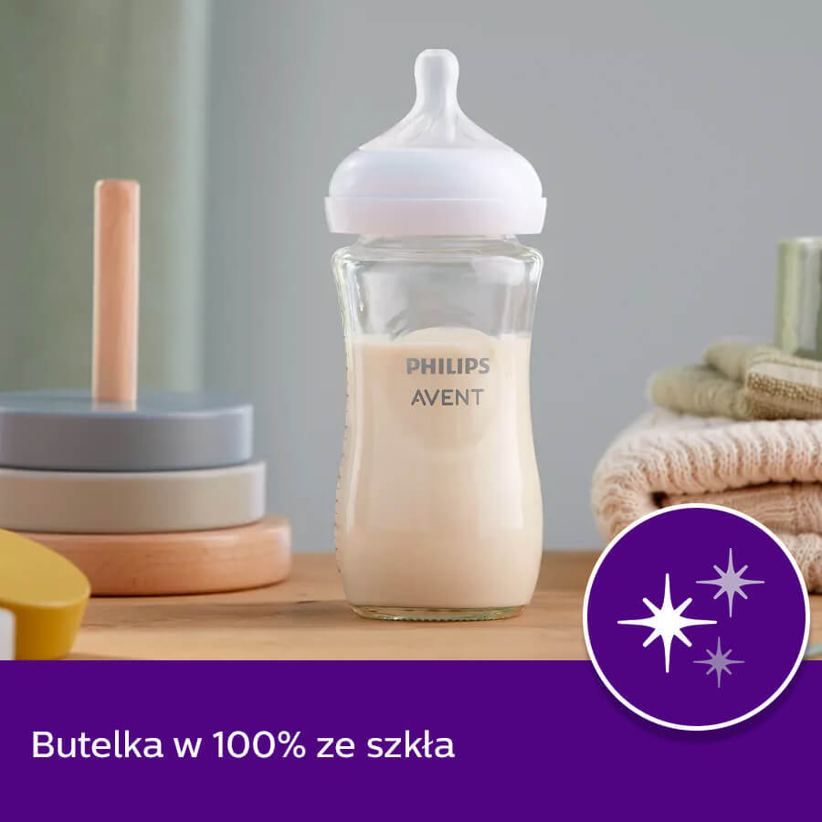 Avent Natural Response, biberon in vetro con tettarella reattiva, flusso 3, SCY933/01, dopo 1 mese, 240 ml 