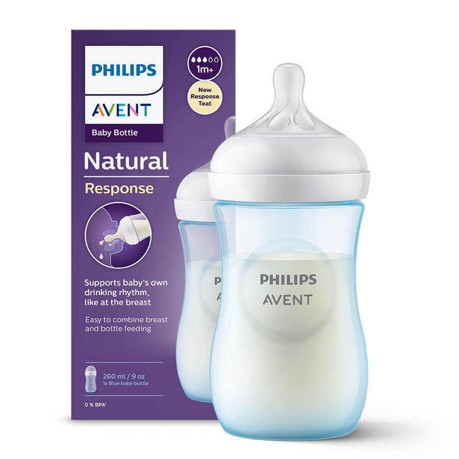 Avent Natural Response, Flasche mit ansprechendem Sauger, blau, Durchfluss 3, SCY903/21, nach 1 Monat, 260 ml