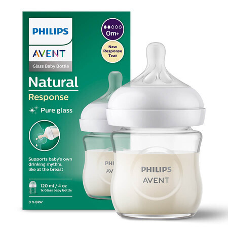 Avent Natural Response, biberón de cristal con tetina sensible, flujo 2, SCY930/01, desde el nacimiento, 120ml