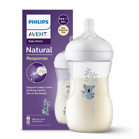 Avent Natural Response, Flasche mit ansprechendem Sauger, Koala, Durchfluss 3, SCY903/67, nach 1 Monat, 260 ml 