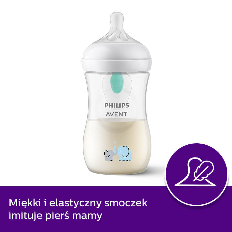 Avent Natural Response Reactive Teat Bottle with AirFree Valve, Elephant, Flow 3, SCY673/81, After 1 Month, 260ml