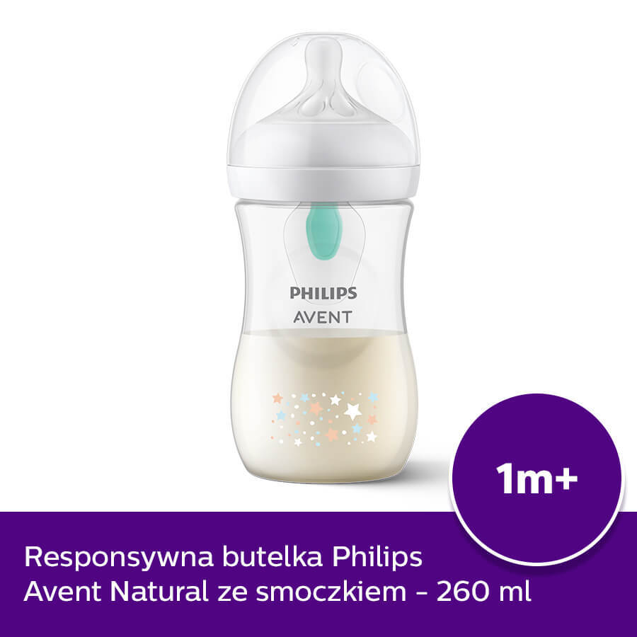 Avent Natural Response, Flasche mit ansprechendem Sauger, mit AirFree-Ventil, Teddybär, Durchfluss 3, SCY673/82, nach 1 Monat, 260 ml