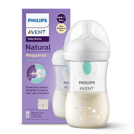 Avent Natural Response, Flasche mit ansprechendem Sauger, mit AirFree-Ventil, Teddybär, Durchfluss 3, SCY673/82, nach 1 Monat, 260 ml