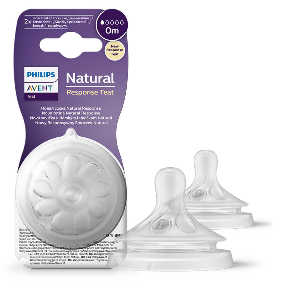 Avent Natural Response, tetina para biberón responsive, flujo 1, SCY961/02, desde el nacimiento, 2 piezas