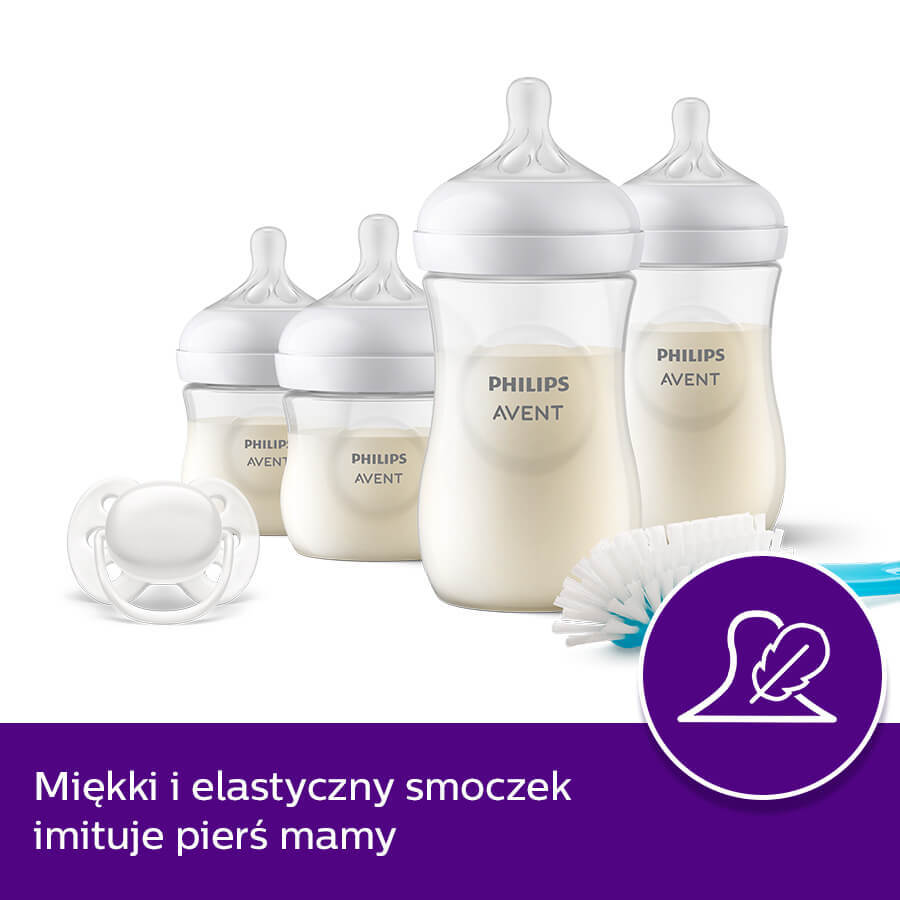 Avent Natural Response, set de 4 biberones responsive + cepillo limpiador + chupete ultra suave, SCD838/11