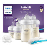 Avent Natural Response, set de 4 biberones responsive + cepillo limpiador + chupete ultra suave, SCD838/11