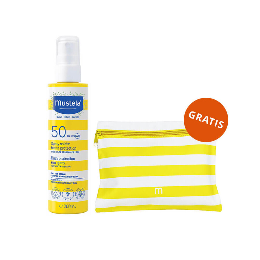 Mustela Sun Bebe Enfant-Famille, spray solar, FPS 50, 200 ml + neceser estanco de regalo