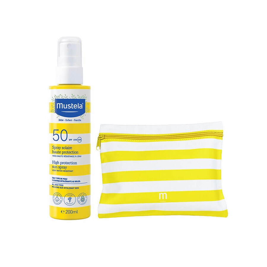 Mustela Sun Bebe Enfant-Famille, spray solar, FPS 50, 200 ml + neceser estanco de regalo