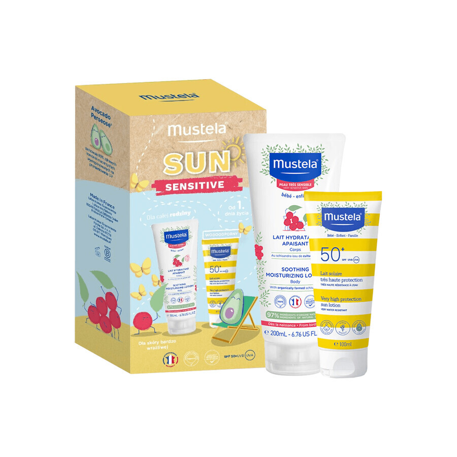 Set Mustela Sun Sensitive, leche hidratante, 200 ml + leche de protección solar, SPF 50+, 100 ml + neceser resistente al agua de regalo