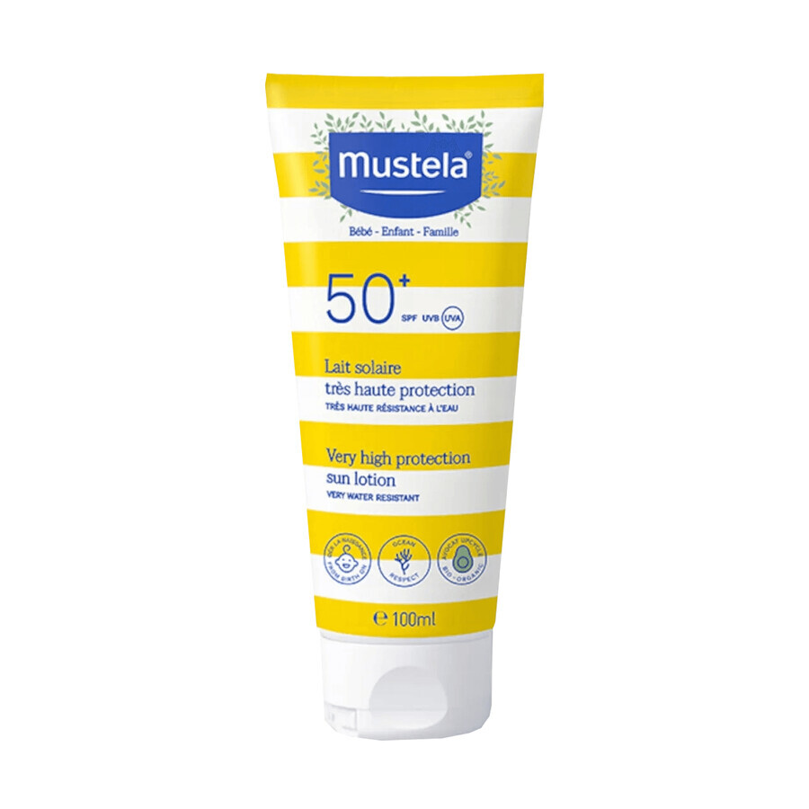 Set Mustela Sun Sensitive, leche hidratante, 200 ml + leche de protección solar, SPF 50+, 100 ml + neceser resistente al agua de regalo