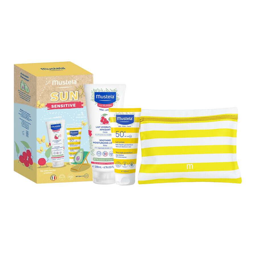 Set Mustela Sun Sensitive, leche hidratante, 200 ml + leche de protección solar, SPF 50+, 100 ml + neceser resistente al agua de regalo