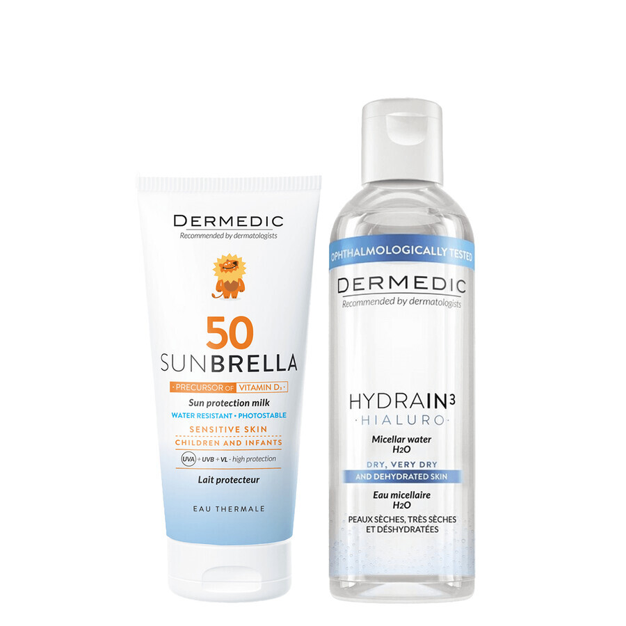 Dermedic Sunbrella Baby set, leche protectora para niños a partir de 1 mes, para rostro y cuerpo, piel sensible, SPF 50, 100 ml + H2O fluido micelar, piel deshidratada y seca, 100 ml