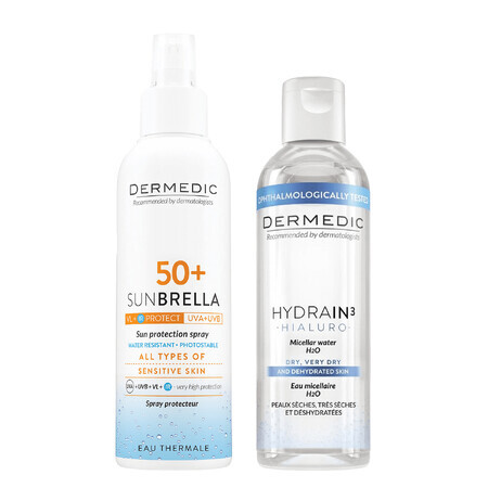 Dermedic Sunbrella set, spray protector, SPF 50+, 150 ml + fluido micelar H2O, piel deshidratada y seca, 100 ml