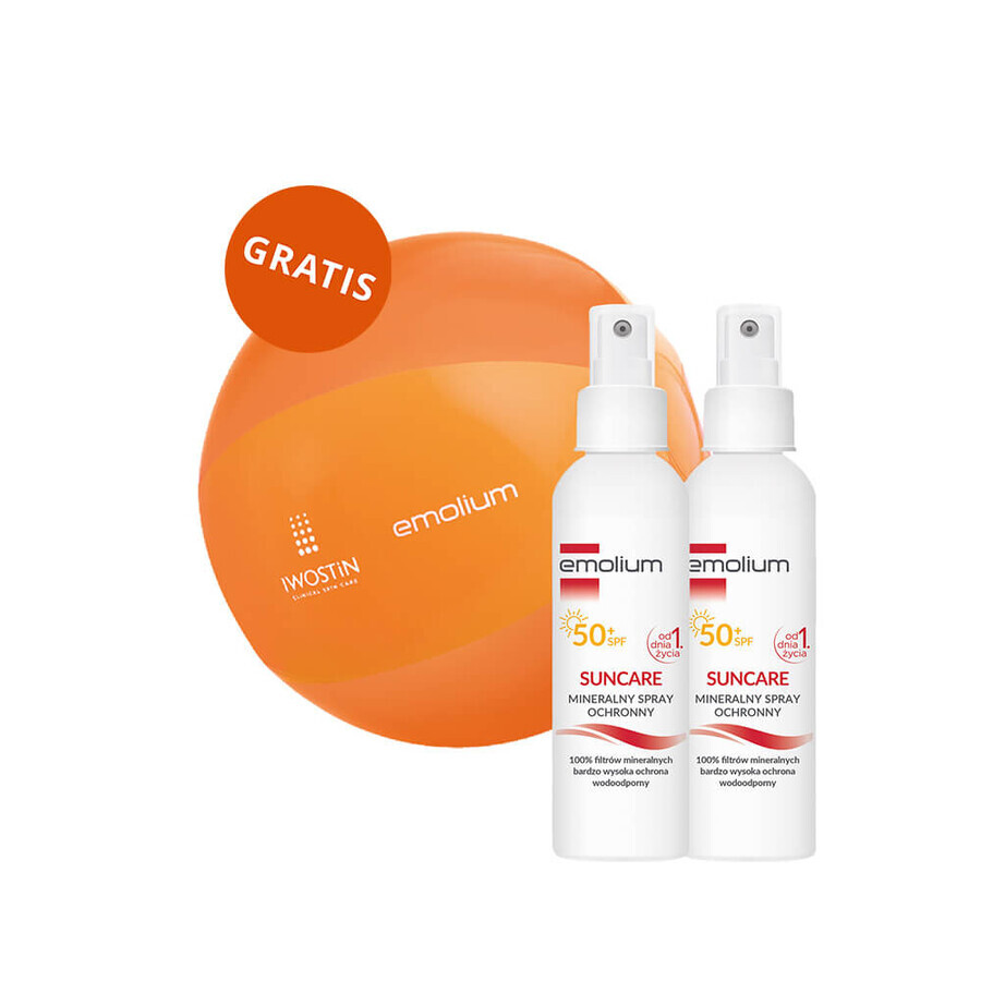 Emolium Sonnenschutz-Set, mineralisches Schutzspray für Kinder ab dem 1. Tag und Erwachsene, SPF 50+, 2 x 100 ml + gratis Strandball