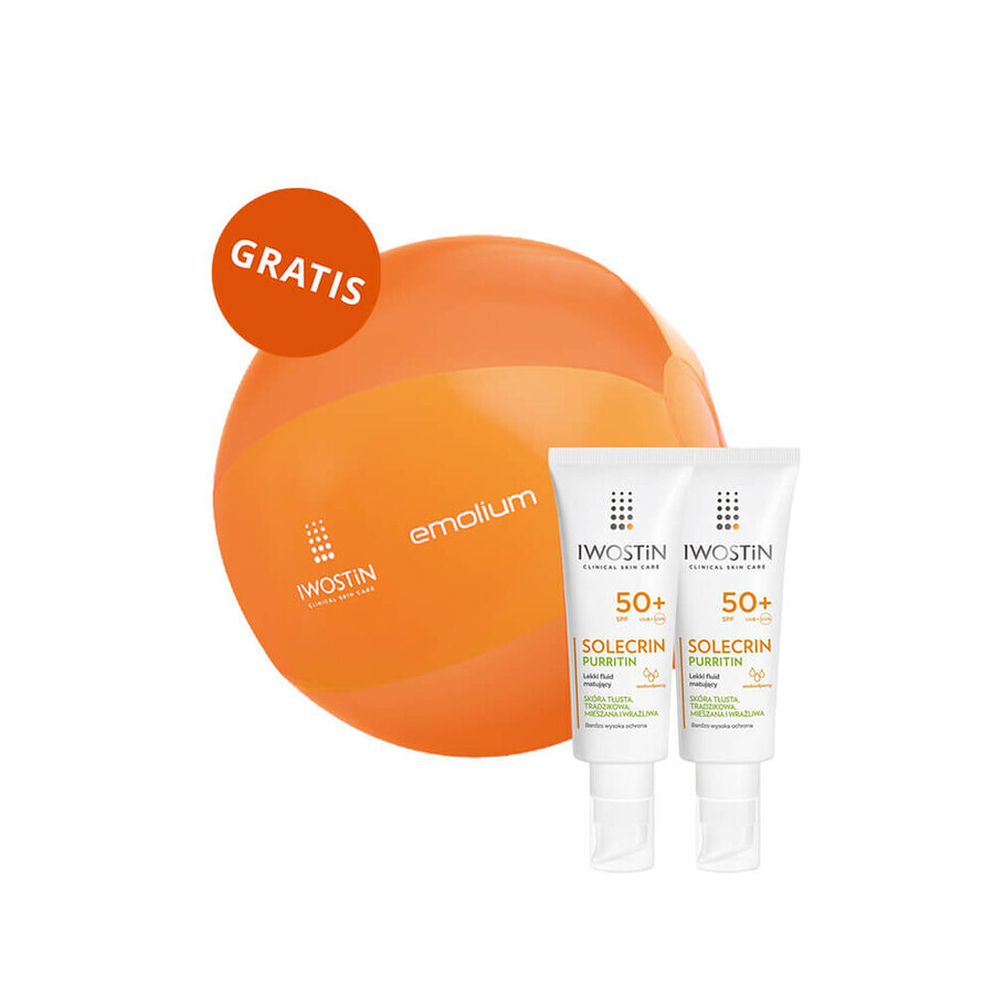 Iwostin Solecrin Purritin set, fluide léger matifiant, SPF 50+, 2 x 40 ml + ballon de plage gratuit