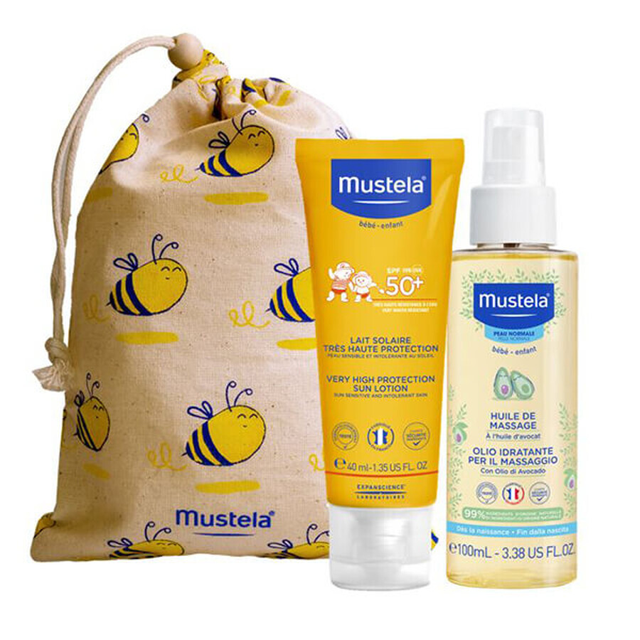 Mustela Sun Set, Baby on the go - piel seca, loción de protección solar, SPF 50, 40 ml + aceite de masaje, 100 ml + neceser impermeable de regalo