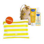 Mustela Sun Set, Baby on the go - piel seca, loción de protección solar, SPF 50, 40 ml + aceite de masaje, 100 ml + neceser impermeable de regalo