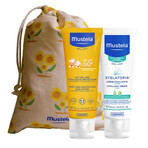 Mustela Sun Set, Baby on the go - piel con tendencia atópica, loción de protección solar, SPF 50, 40 ml + Stelatopia, crema facial, 40 ml + neceser impermeable de regalo