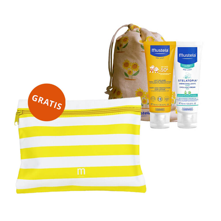 Mustela Sun Set, Baby on the go - piel con tendencia atópica, loción de protección solar, SPF 50, 40 ml + Stelatopia, crema facial, 40 ml + neceser impermeable de regalo