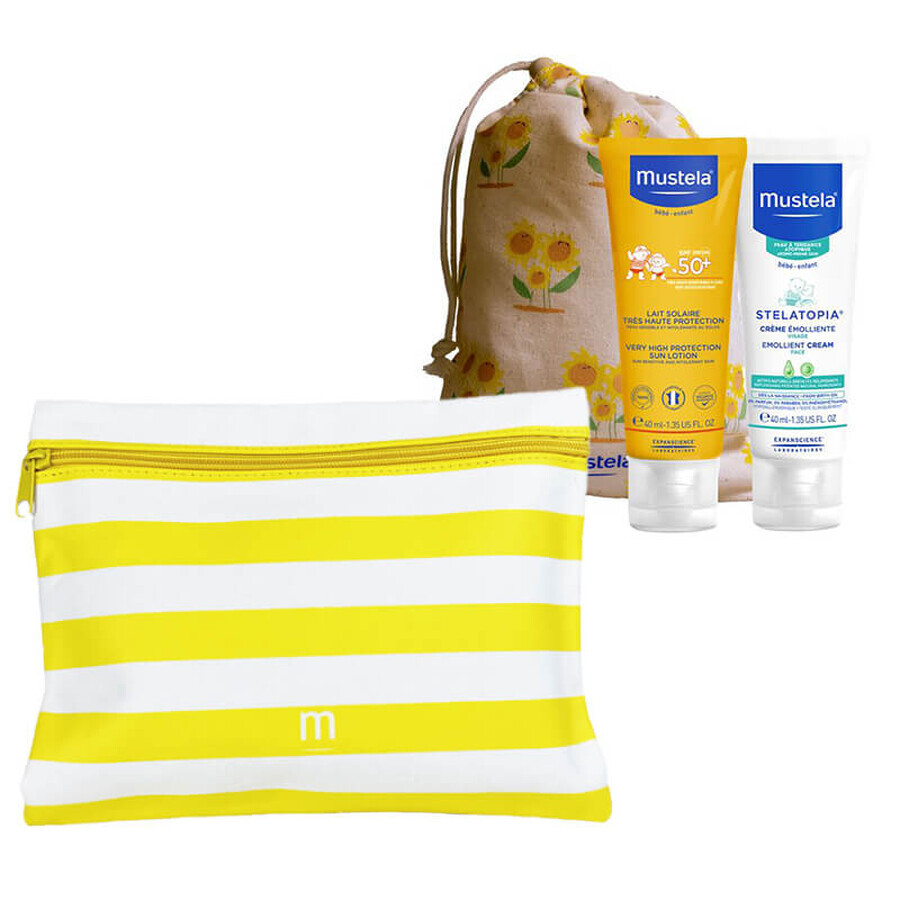 Mustela Sun Set, Baby on the go - piel con tendencia atópica, loción de protección solar, SPF 50, 40 ml + Stelatopia, crema facial, 40 ml + neceser impermeable de regalo