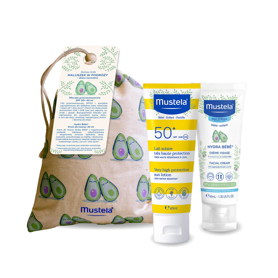 Mustela Sun Set, Baby on the go - piel normal, loción de protección solar, SPF 50+, 40 ml + Hydra Bebe, crema facial, 40 ml + neceser impermeable de regalo