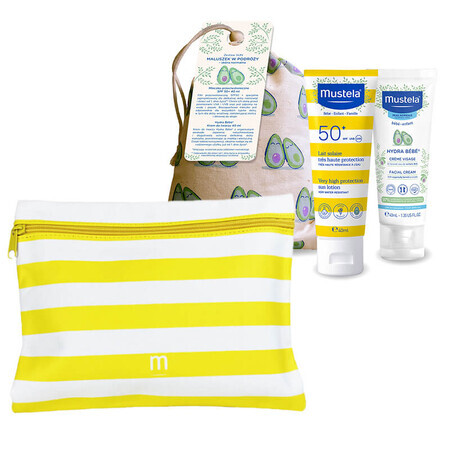 Mustela Sun Set, Baby on the go - piel normal, loción de protección solar, SPF 50+, 40 ml + Hydra Bebe, crema facial, 40 ml + neceser impermeable de regalo