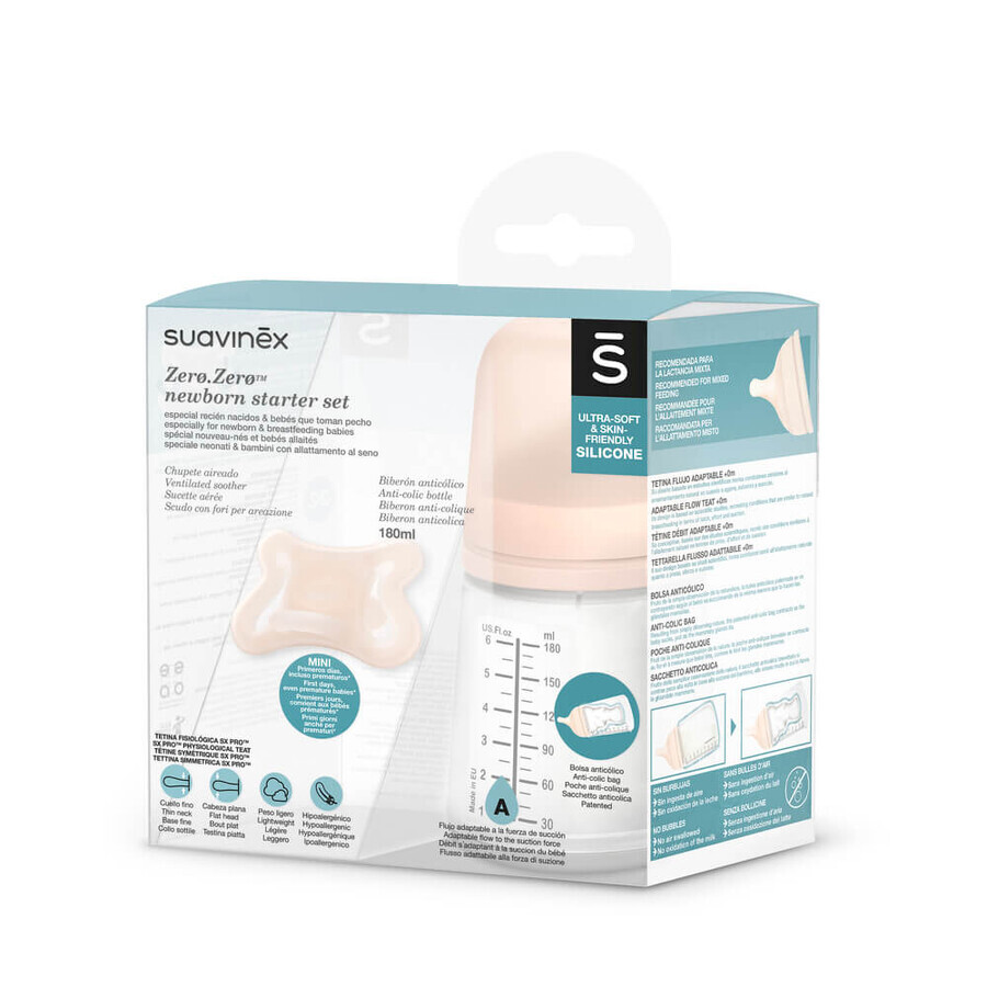 Set Suavinex Zero Zero, biberón con tetina de silicona de flujo regulable, 180 ml + tetina fisiológica SX Pro, para bebés prematuros y recién nacidos hasta 2 meses, 1 unidad