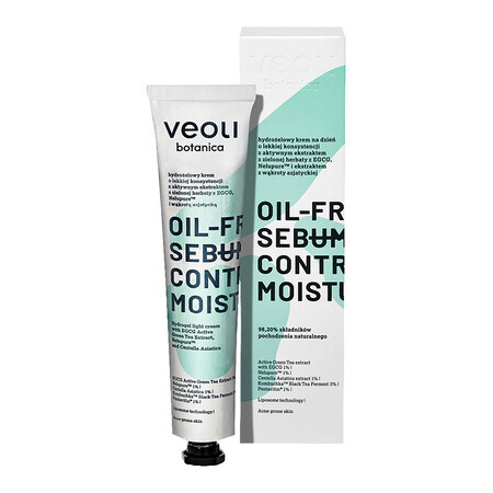 Veoli Botanica Oil-Free Sebum Control Moisturizer, crème de jour hydrogel à l'extrait actif de thé vert avec EGCG, Nelupure et extrait de Centella Asiatica, 50 ml