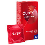 Durex Feel Thin Classic, preservativos con más lubricante, finos, 12 unidades