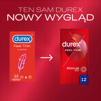 Durex Feel Thin Classic, preservativos con más lubricante, finos, 12 unidades