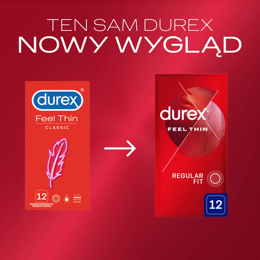 Durex Feel Thin Classic, preservativos con más lubricante, finos, 12 unidades