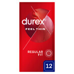 Durex Feel Thin Classic, preservativos con más lubricante, finos, 12 unidades