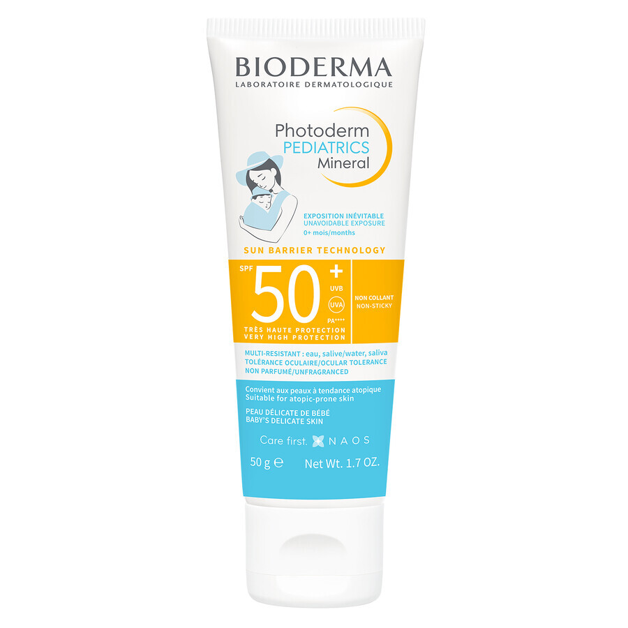 Set Bioderma Photoderm Pediatrics, fluido mineral para niños, para pieles sensibles y alérgicas, FPS 50+, 50 g + gel-crema calmante para prolongar el bronceado, 100 ml