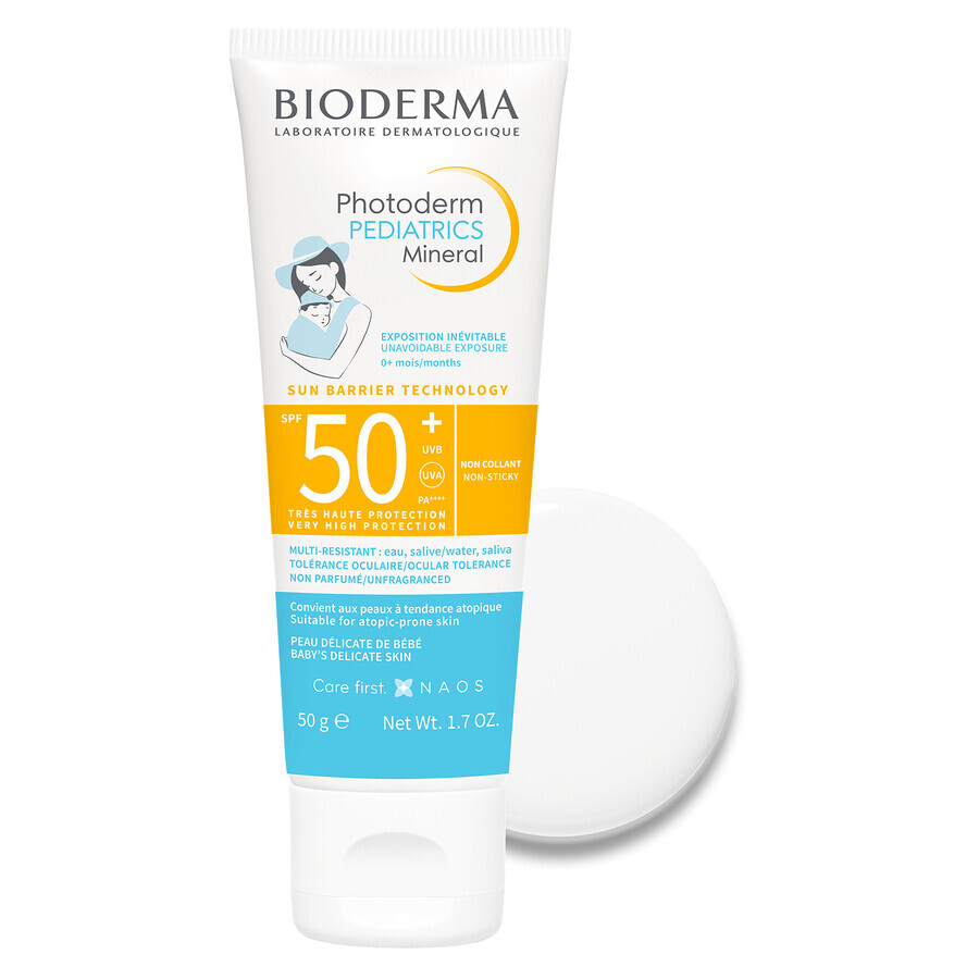 Set Bioderma Photoderm Pediatrics, fluido mineral para niños, para pieles sensibles y alérgicas, FPS 50+, 50 g + gel-crema calmante para prolongar el bronceado, 100 ml