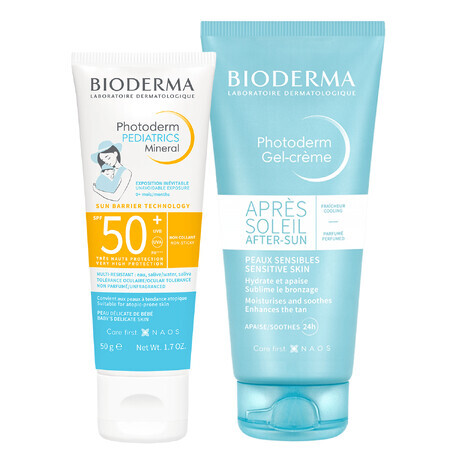 Set Bioderma Photoderm Pediatrics, fluido mineral para niños, para pieles sensibles y alérgicas, FPS 50+, 50 g + gel-crema calmante para prolongar el bronceado, 100 ml