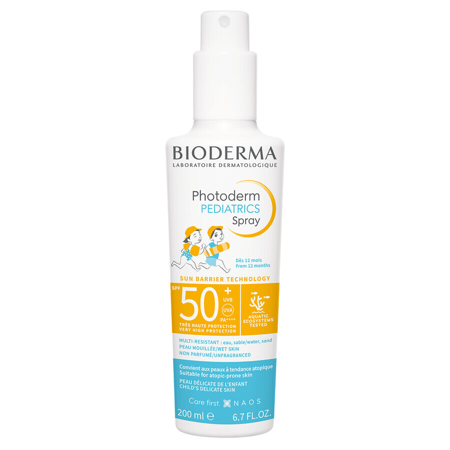 Bioderma Photoderm Pediatrics set, spray protector para niños, SPF 50+, 200 ml + gel-crema calmante que prolonga el bronceado, 100 ml