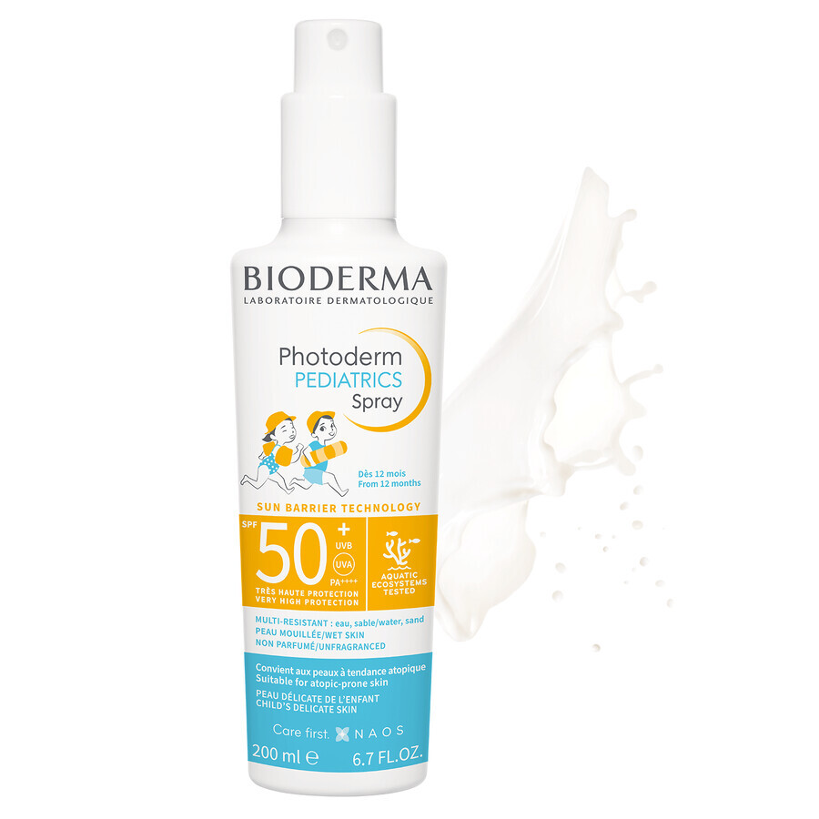 Bioderma Photoderm Pediatrics set, spray protector para niños, SPF 50+, 200 ml + gel-crema calmante que prolonga el bronceado, 100 ml