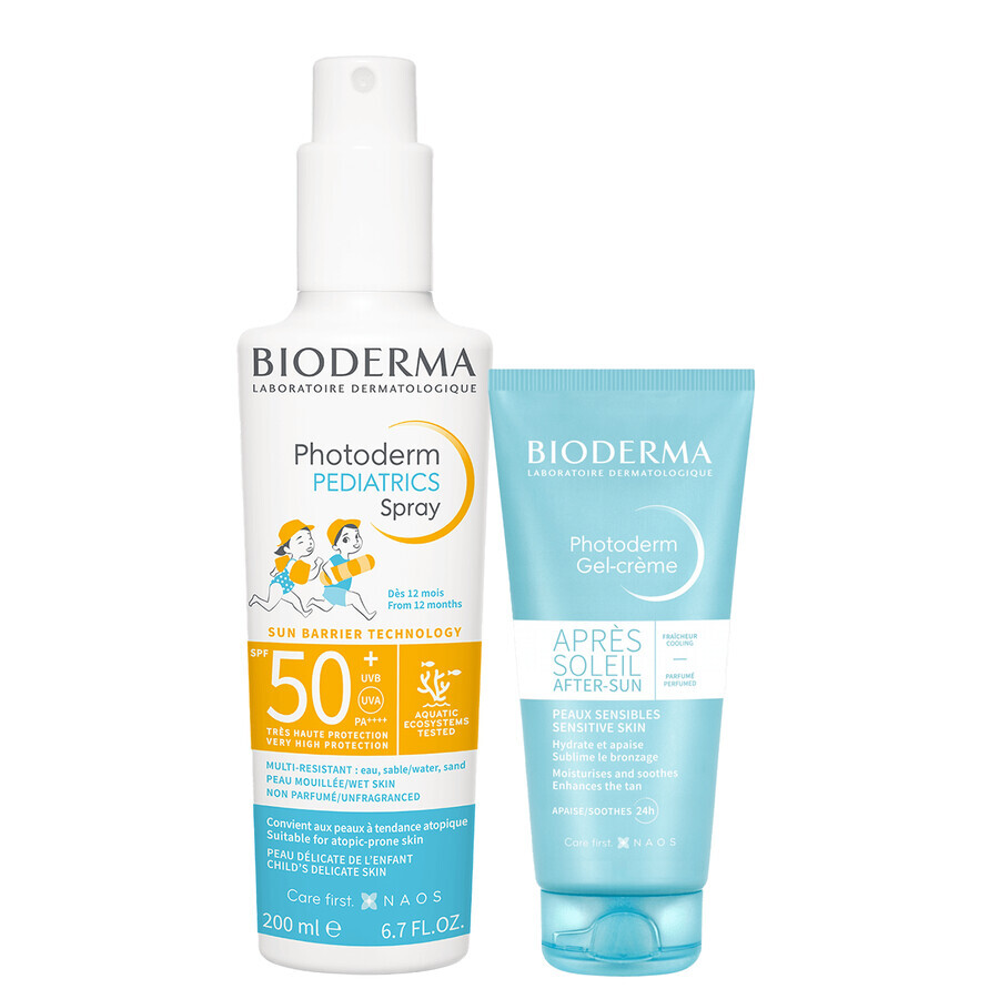 Bioderma Photoderm Pediatrics set, spray protector para niños, SPF 50+, 200 ml + gel-crema calmante que prolonga el bronceado, 100 ml