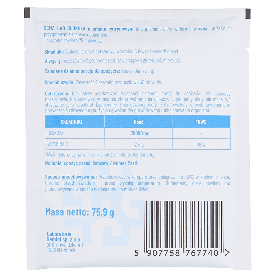 SEMA Lab Glucose, poudre pour solution orale, arôme citron, 75.9 g