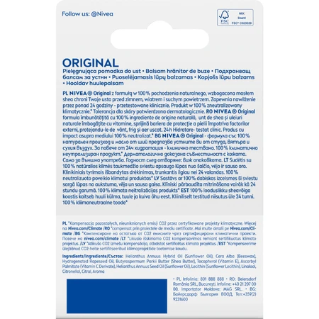 Nivea, barra de labios, cuidado, Original Care, 1 unidad