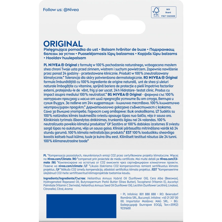 Nivea, barra de labios, cuidado, Original Care, 1 unidad