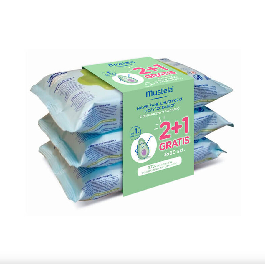 Set Mustela Bebe Enfant, salviette umidificate con avocado biologico, dalla nascita, pelle normale, 2 x 60 pezzi + 60 pezzi in omaggio