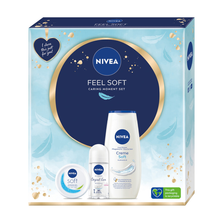 Nivea Feel Soft set, crema hidratante intensiva para rostro, cuerpo y manos, 100 ml + Original Care, antitranspirante roll-on, 48h, 50 ml + Creme Soft, gel de ducha, 250 ml