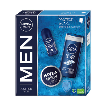 Nivea Men Protect &amp; Care Set, 3-in-1 Duschgel für Gesicht, Körper und Haare, 250 ml + Antitranspirant Roll-on, 48h, 50 ml + Gesichts-, Körper- und Handcreme, 75 ml